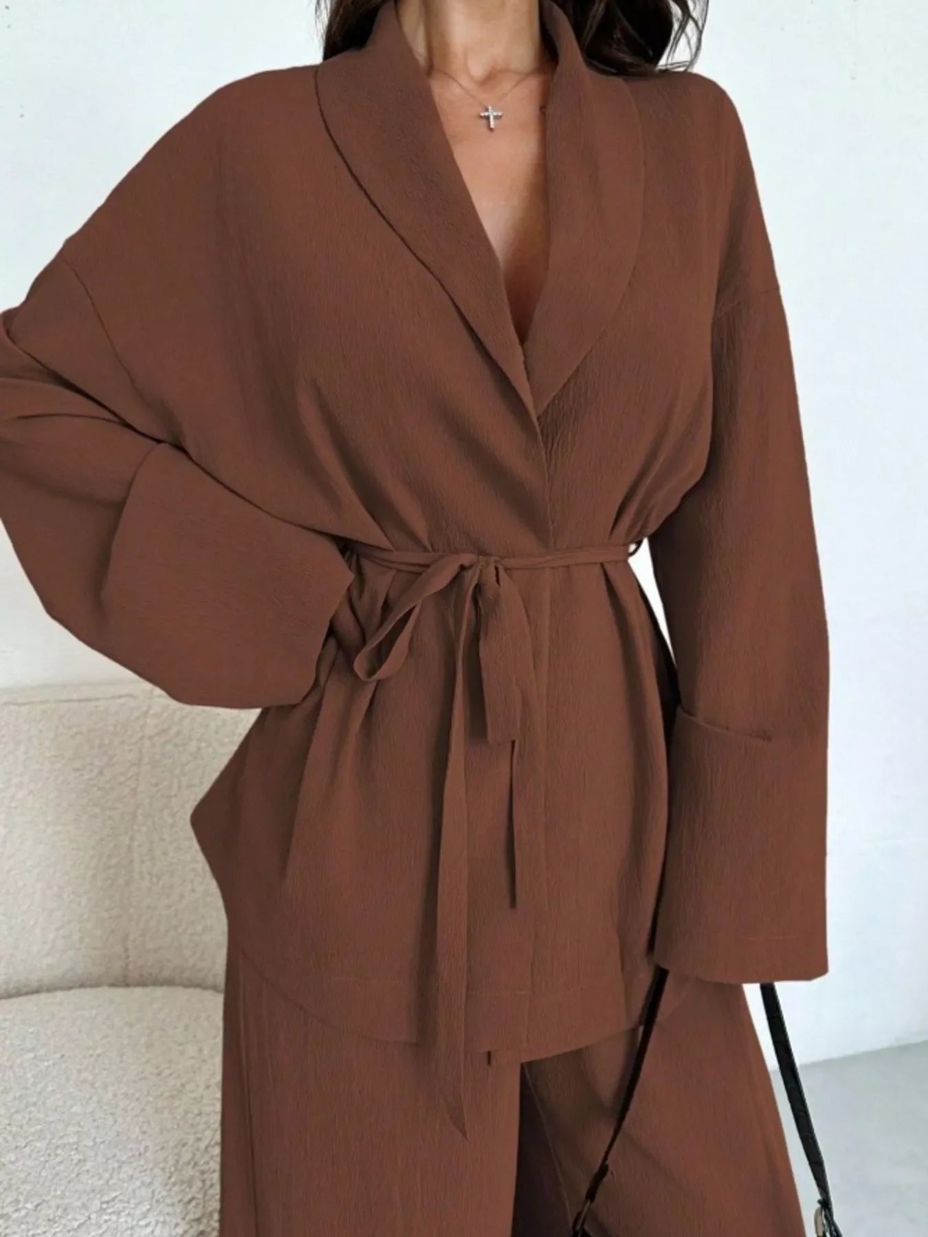 Textured Tie Waist Top and Wide-Leg Pants Set
