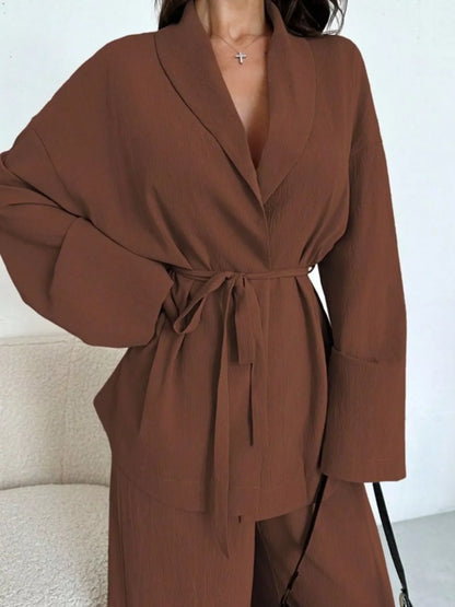 Textured Tie Waist Top and Wide-Leg Pants Set