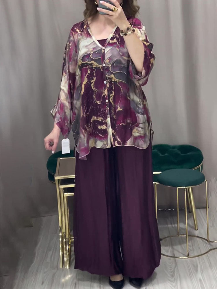 Baroque Style Printed Shirt Wide-leg Pant Suit