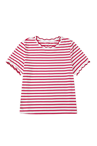 Red Stripe Scalloped Trim Round Neck T Shirt