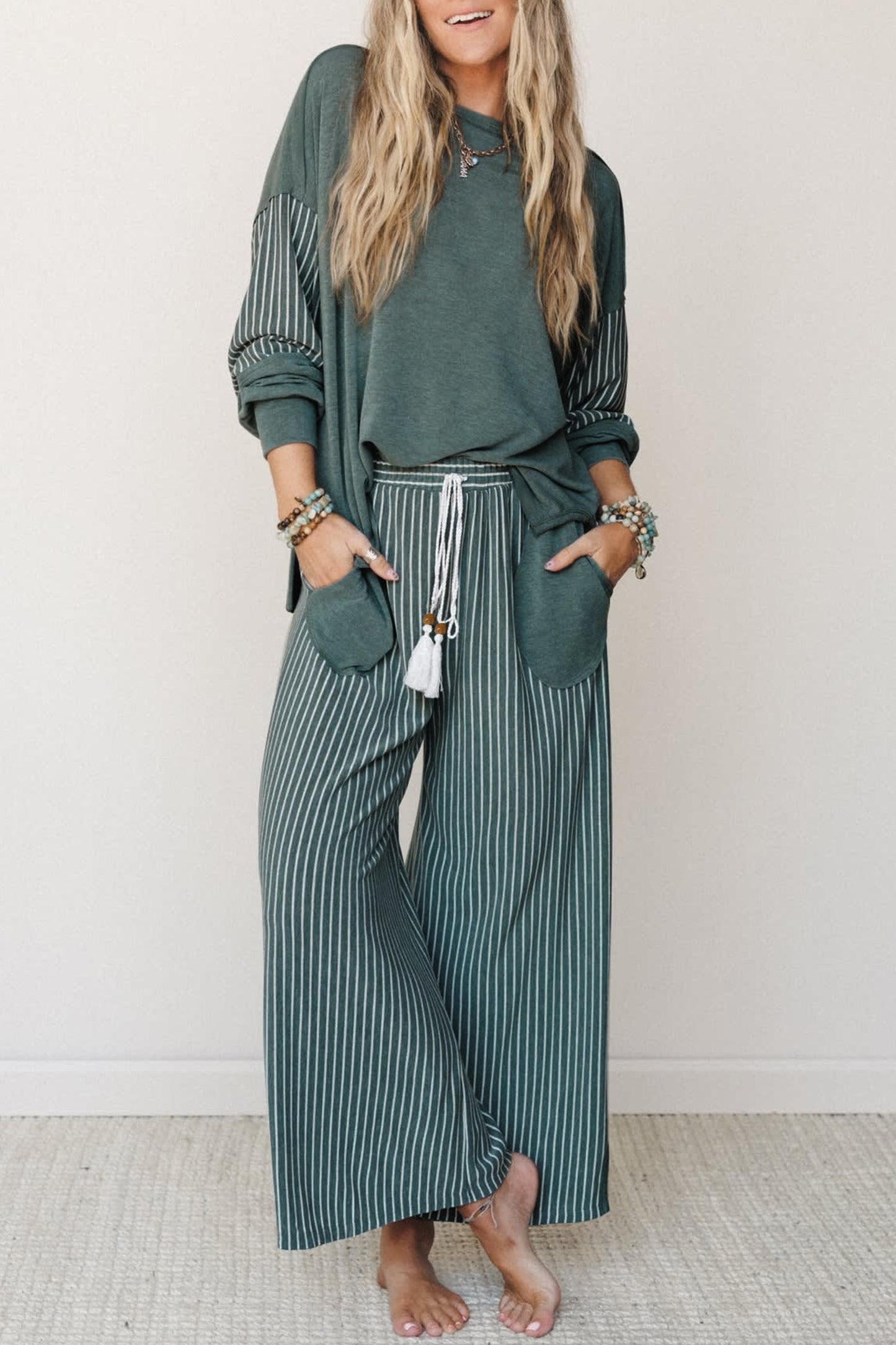 Fushia Raw Seam Patchwork Long Sleeve Top Pocket Casual Pants 2pcs Set