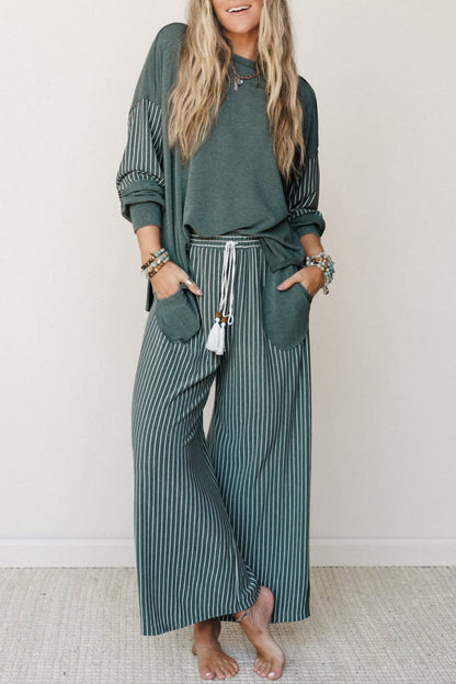 Fushia Raw Seam Patchwork Long Sleeve Top Pocket Casual Pants 2pcs Set