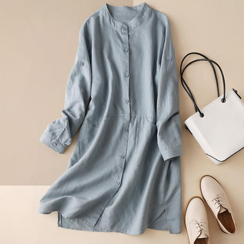 Literary Loose Stand Collar Cotton Linen Shirt Dress