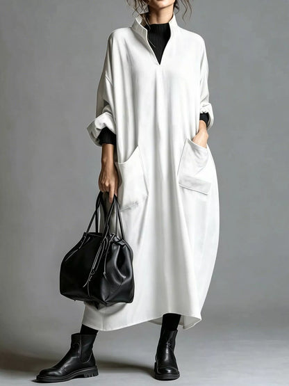 Full Size Loose-Fit Mock Neck Midi Dress with Pockets Plus Size