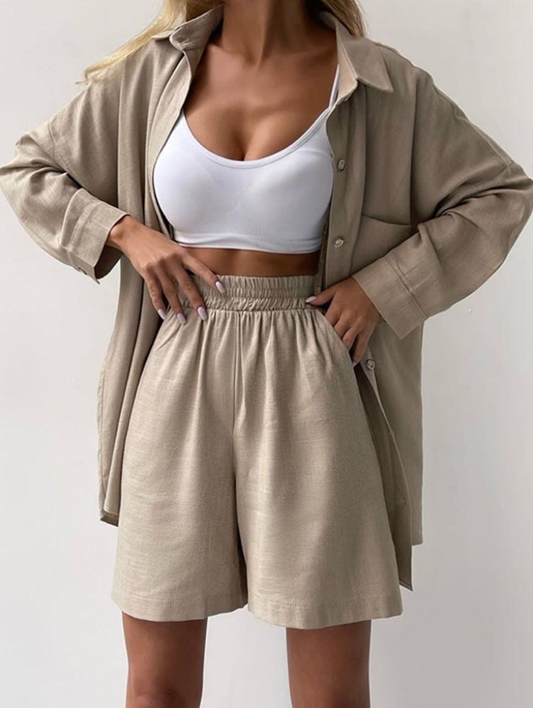 Fashion Solid Color Long Sleeves Shirt Loose Shorts Suit