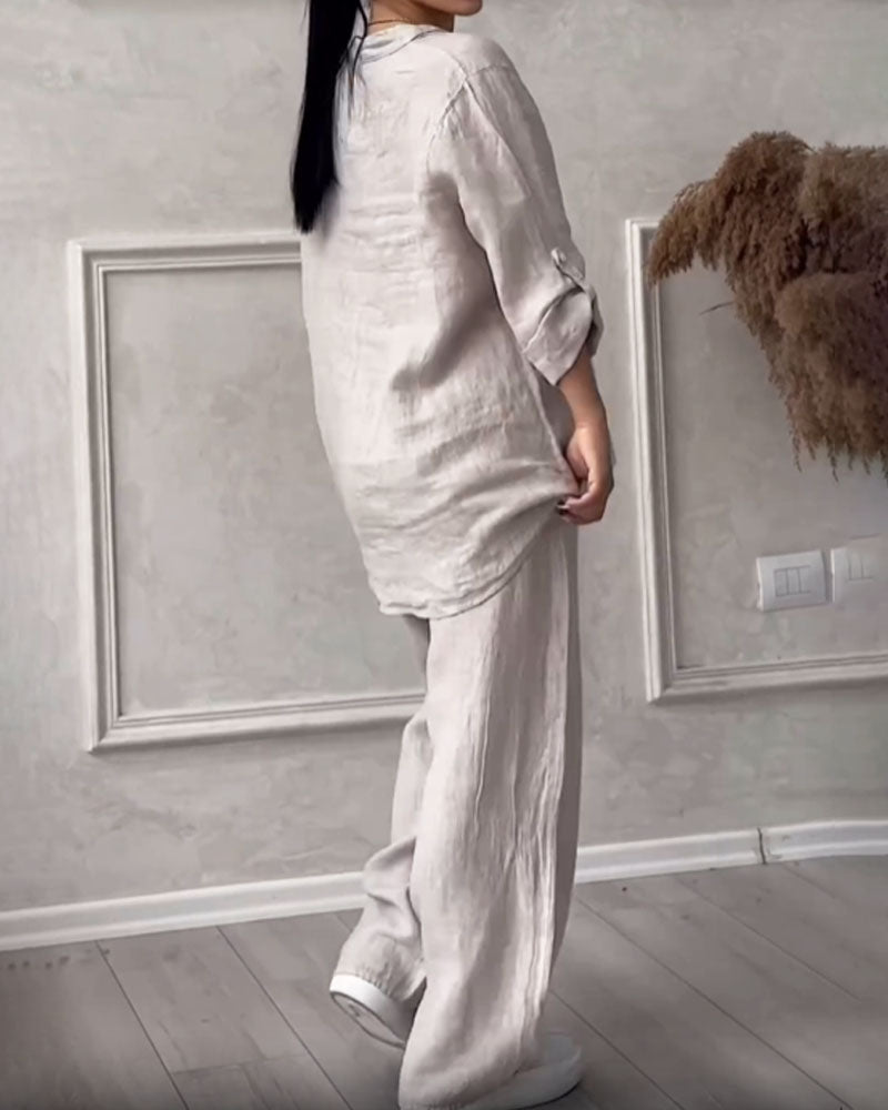 Solid Color Cotton Linen Long-sleeved Shirt & Lace-up Wide Leg Pants Two-piece Set