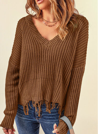 Blue Zone Planet | Fringe V-Neck Dropped Shoulder Sweater