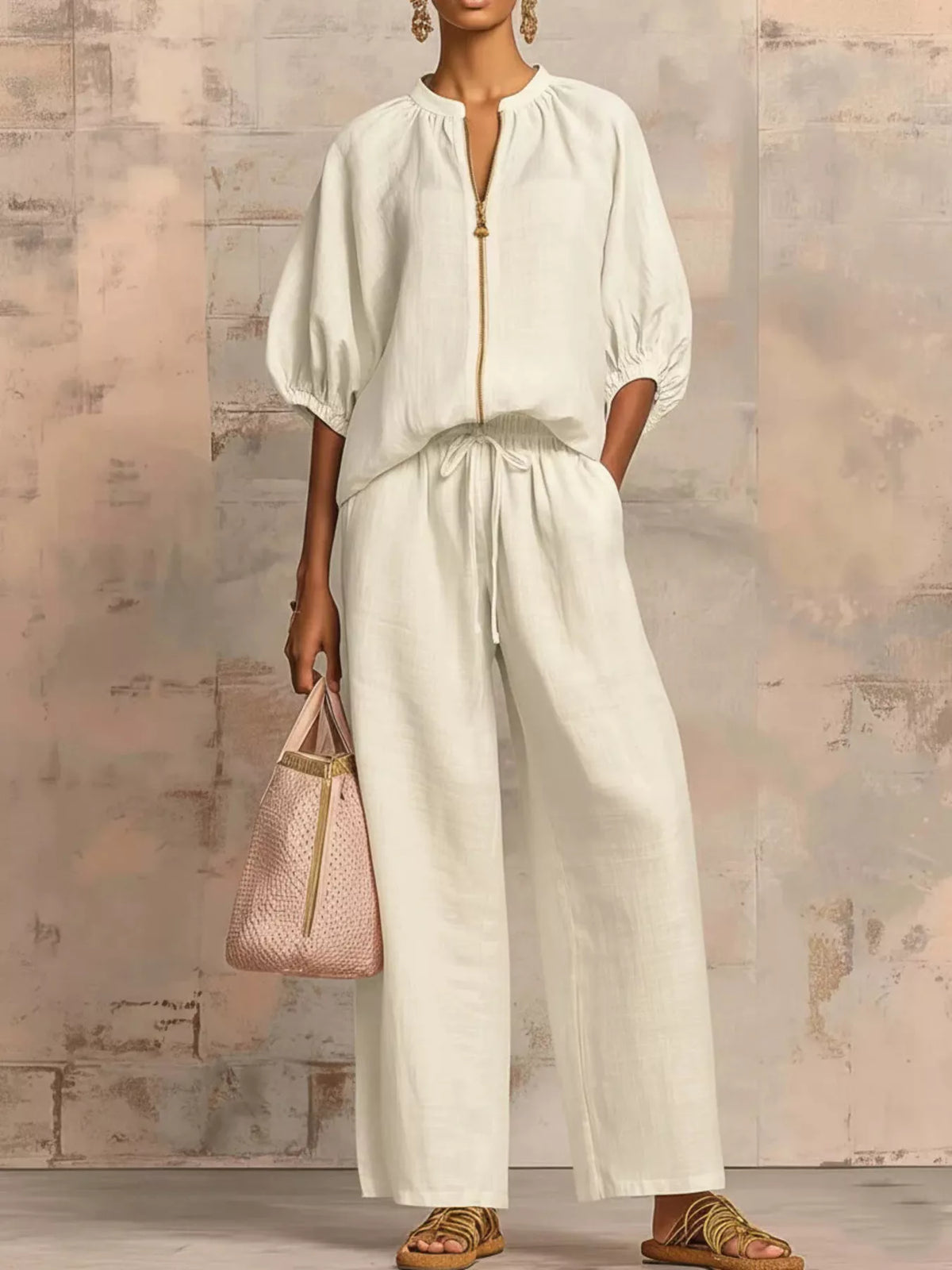 Full Size Zip-Front Top and Wide-Leg Pants Set Plus Size