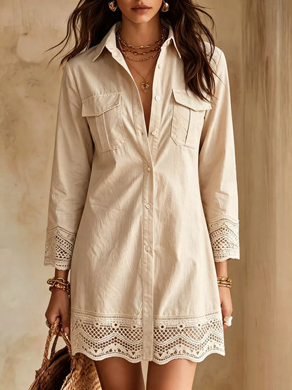 Button-Down Shirt Dress with Lace Trim
