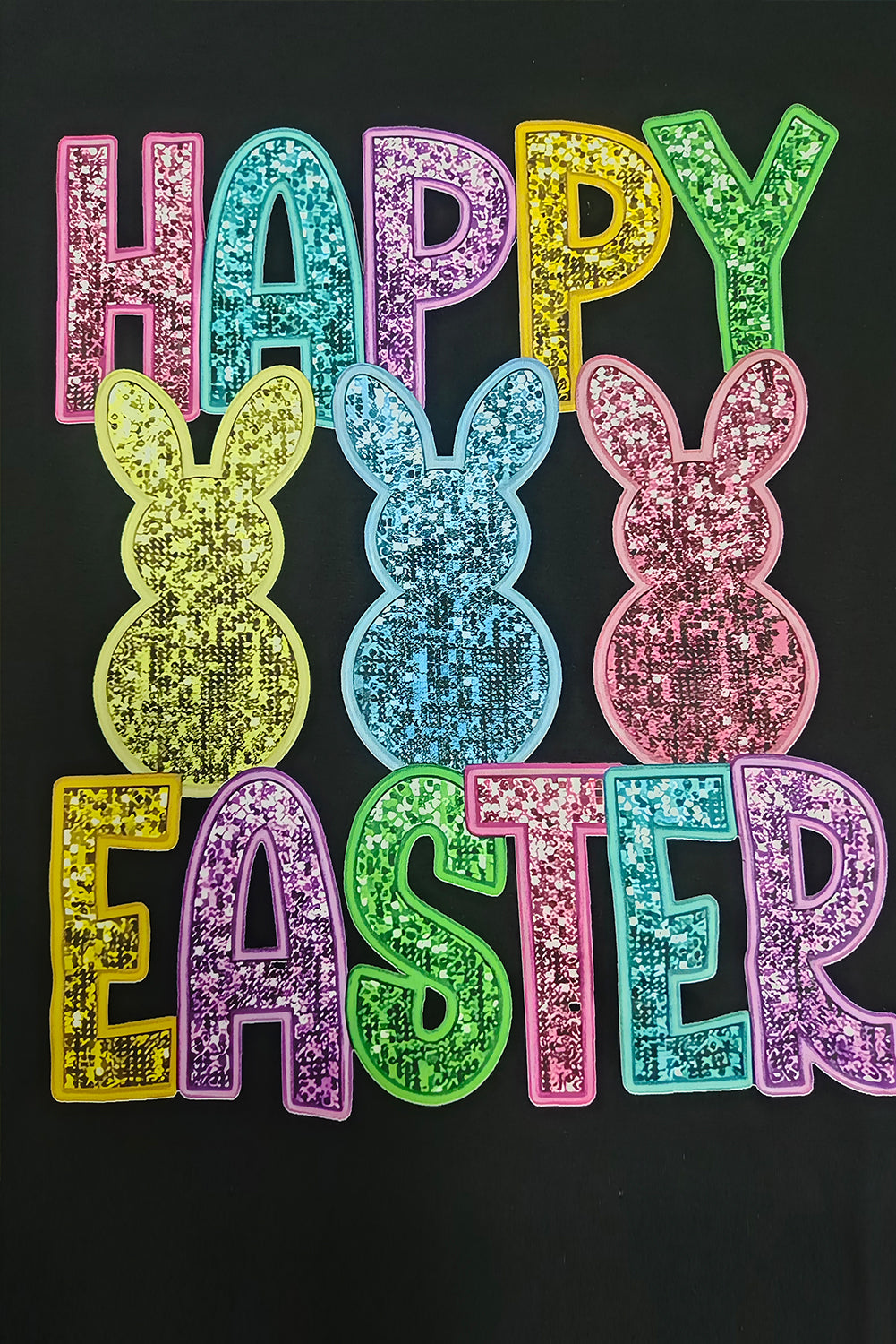 Black Glittering Bunny Happy Easter Graphic T Shirt