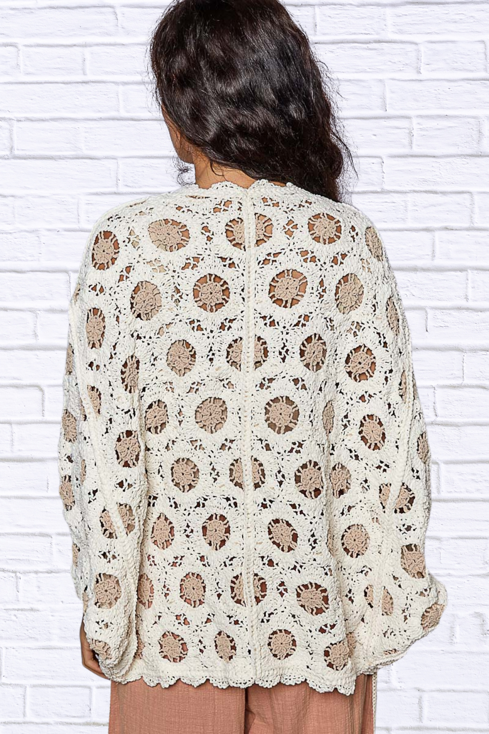 POL Openwork V-Neck Chenille Cardigan with Contrast Floral