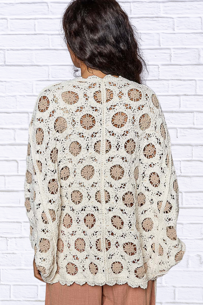 POL Openwork V-Neck Chenille Cardigan with Contrast Floral