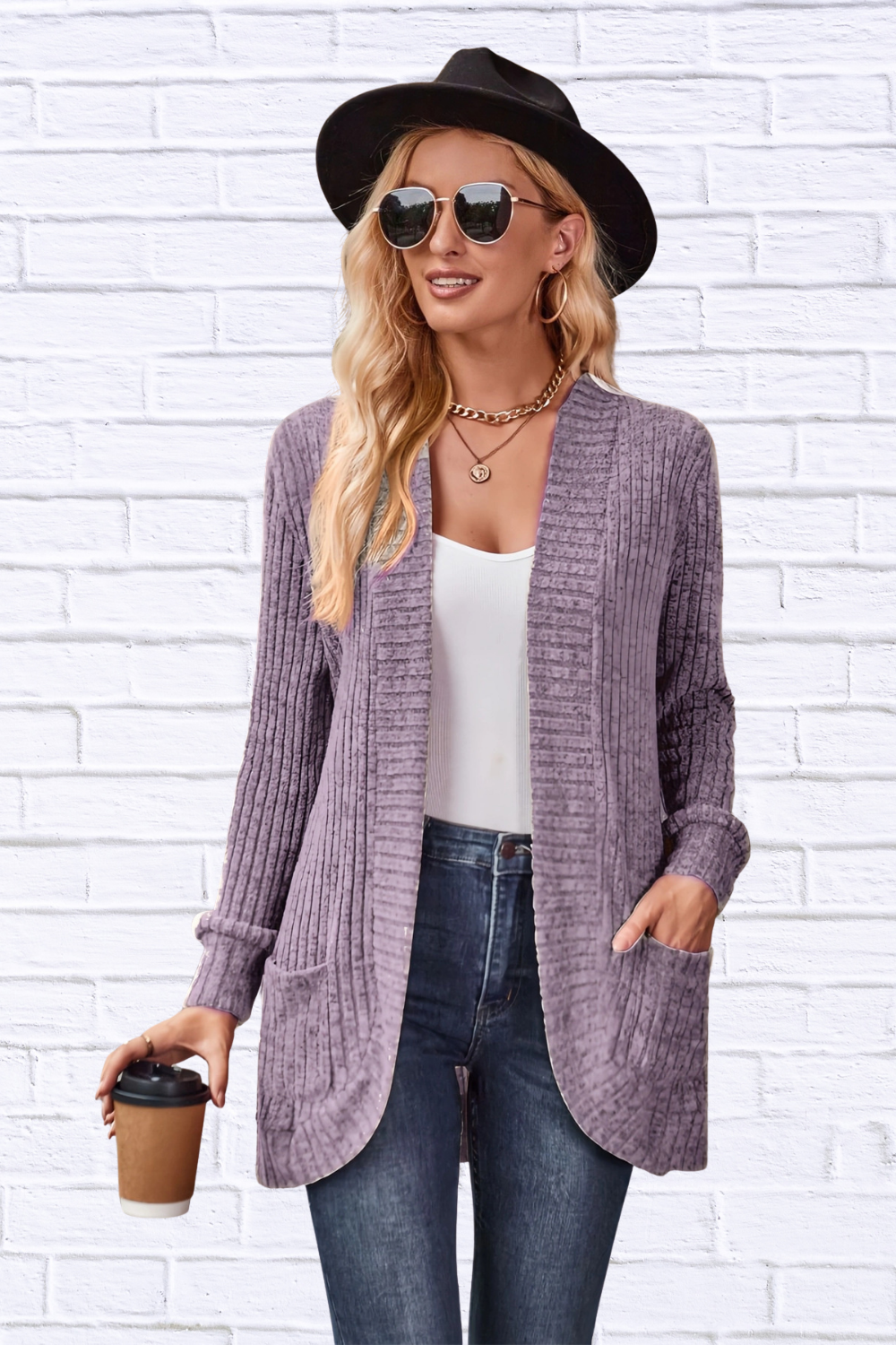 Ribbed Open Front Long Cardigan with Pockets