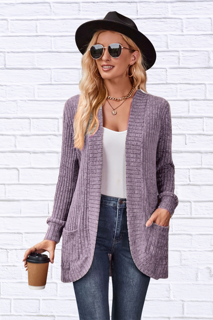 Ribbed Open Front Long Cardigan with Pockets