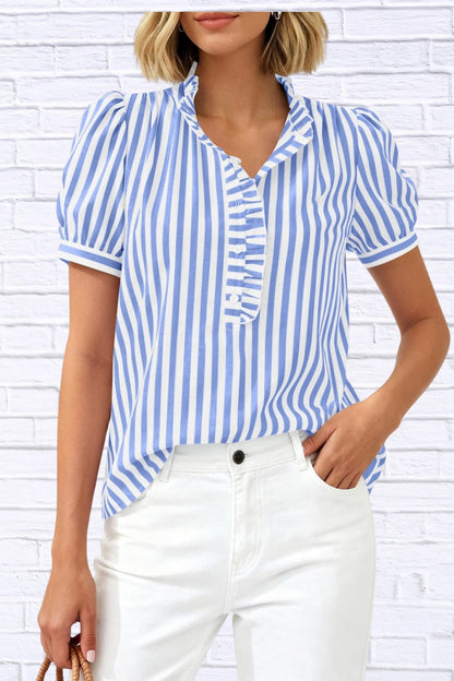 Frill Striped Puff Sleeve Blouse | Chic Women’s Top