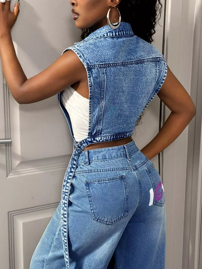 High-Low Open Front Denim Vest