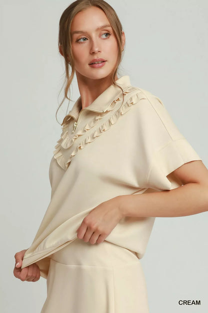 Umgee Ruffle Quarter Zip Short Sleeve Top