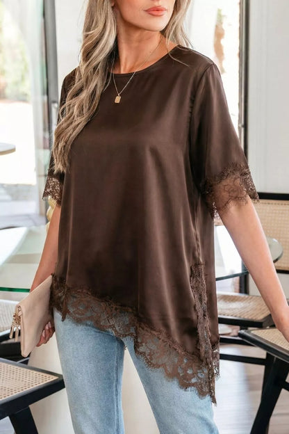 Asymmetric Lace Trim Short Sleeve Satin Top