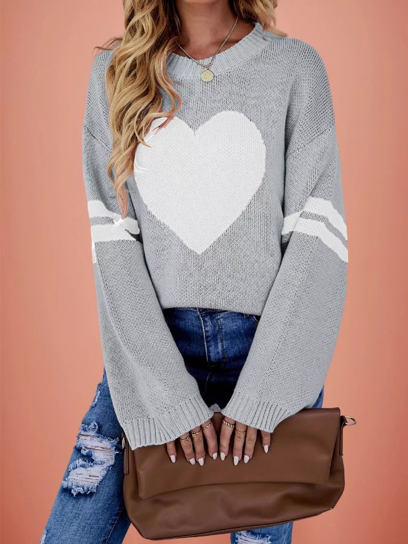 Heart Pattern Dropped Shoulder Sweater
