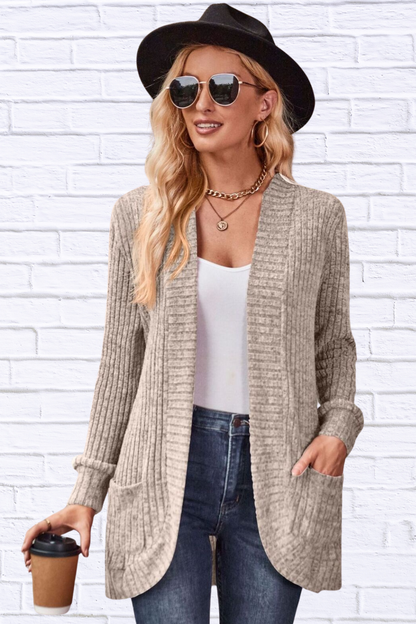 Ribbed Open Front Long Cardigan with Pockets