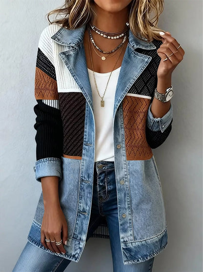 Color-Block Denim and Knit Patchwork Casual Jacket