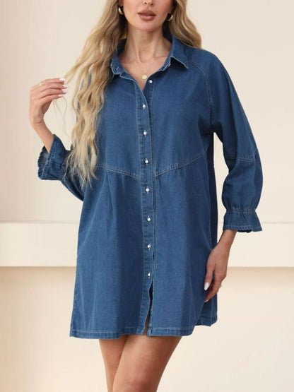 Classic Button-Down Long Sleeve Denim Shirt Dress