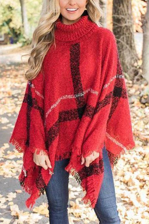 Rosiedress Tassel Color Block Classic Cloak Poncho Sweater