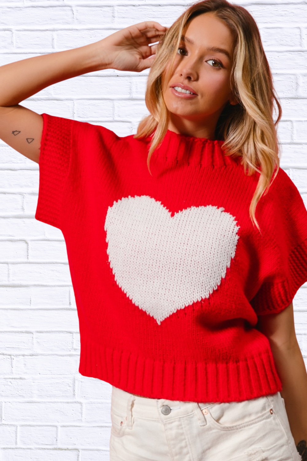 BiBi Rib Banded Heart Pattern Valentines Sweater