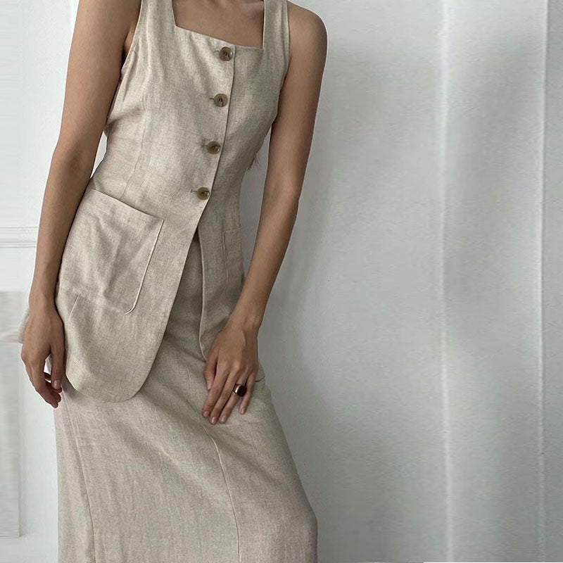 Casual Cotton Vest Skirt Suit