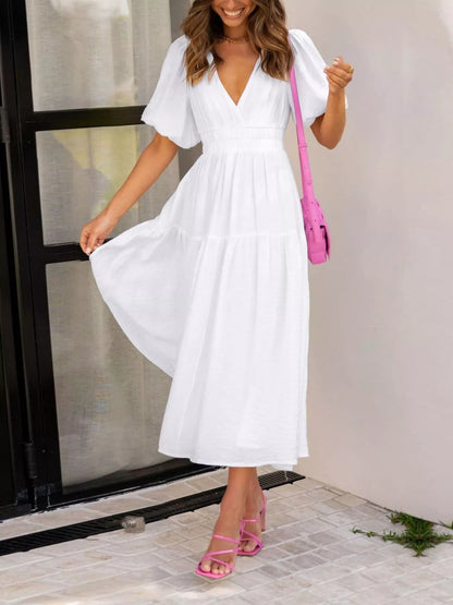 Elegant Puff Sleeve V-Neck Midi Dress
