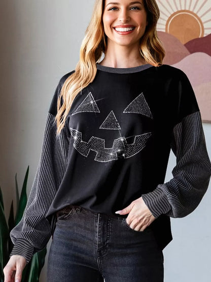 Halloween Rhinestone Pumpkin Face Contrast Ribbed Long Sleeve Patchwork Top