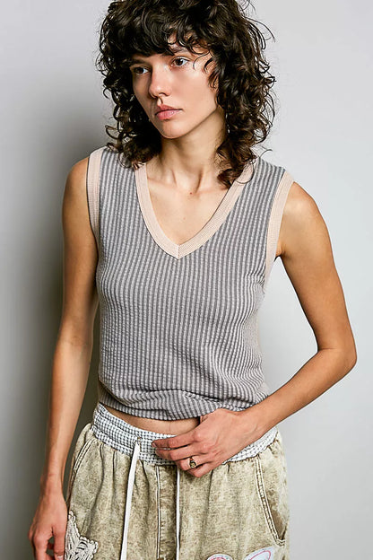 POL V-Neck Contrast Ribbed Sleeveless Tank
