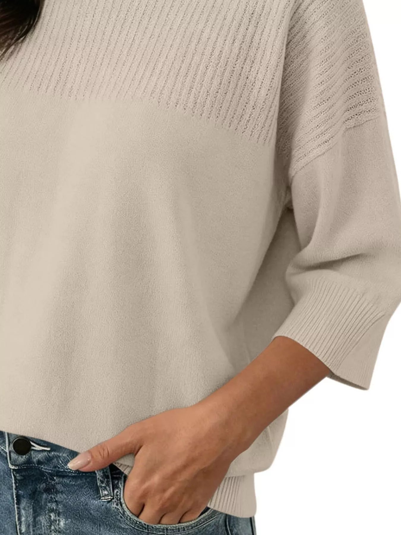 Elegant Crew Neck Eyelet Ribbed Sweater