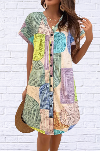 Geometric V-Neck Short Sleeve Button-Front Dress