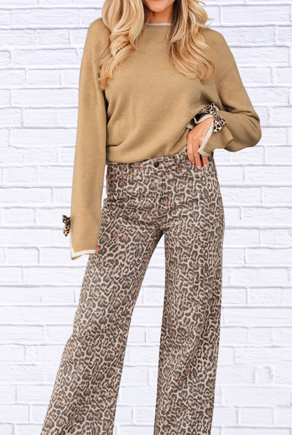 Leopard Bow Decor Split Cuff Contrast Trim Sweater