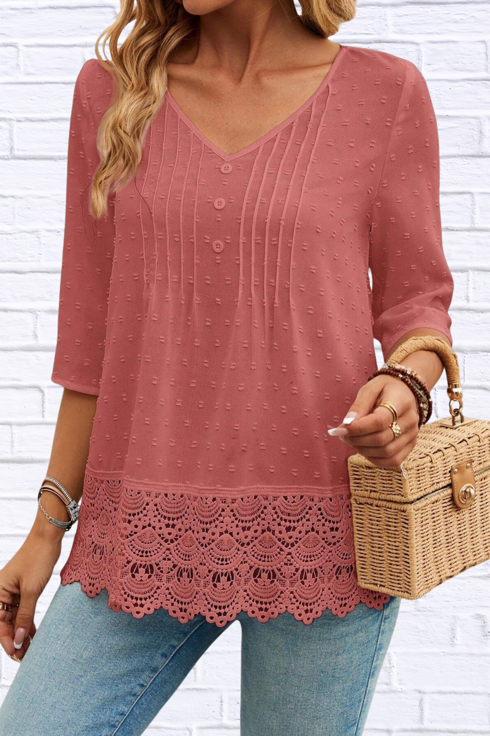 Lace Hem V-Neck Blouse