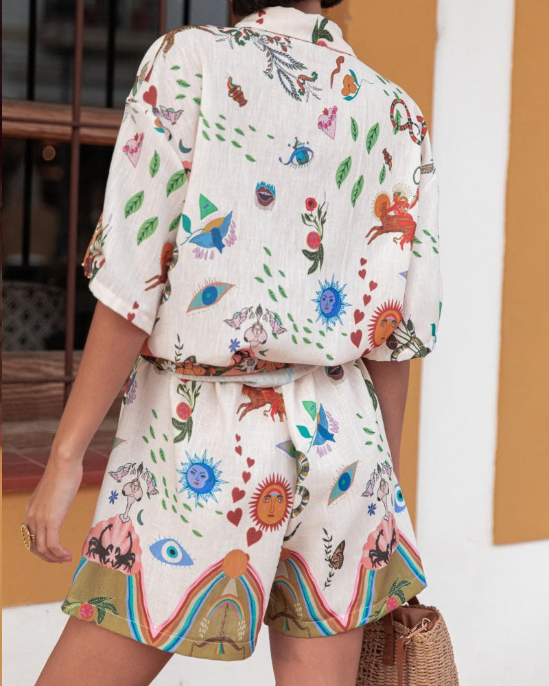 Stylish Printed Lapel Shirt & Shorts Two-Piece Set