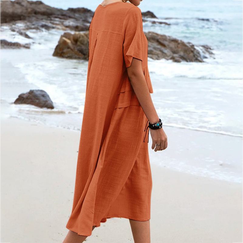 Round Neck Short Sleeves Mid-length Dress