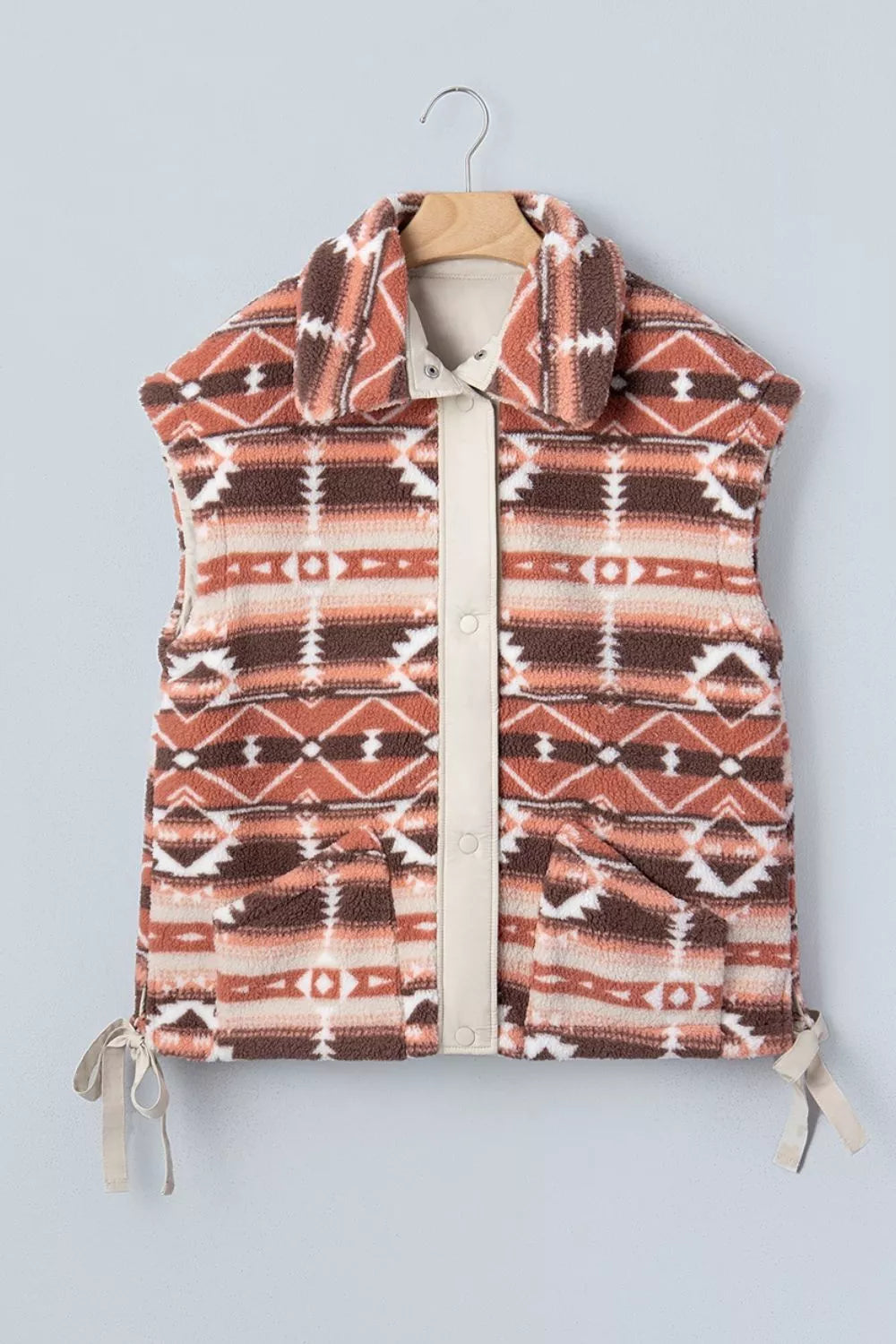 Geometric Print Fleece Metal Button Placket Shift Silhouette Vest