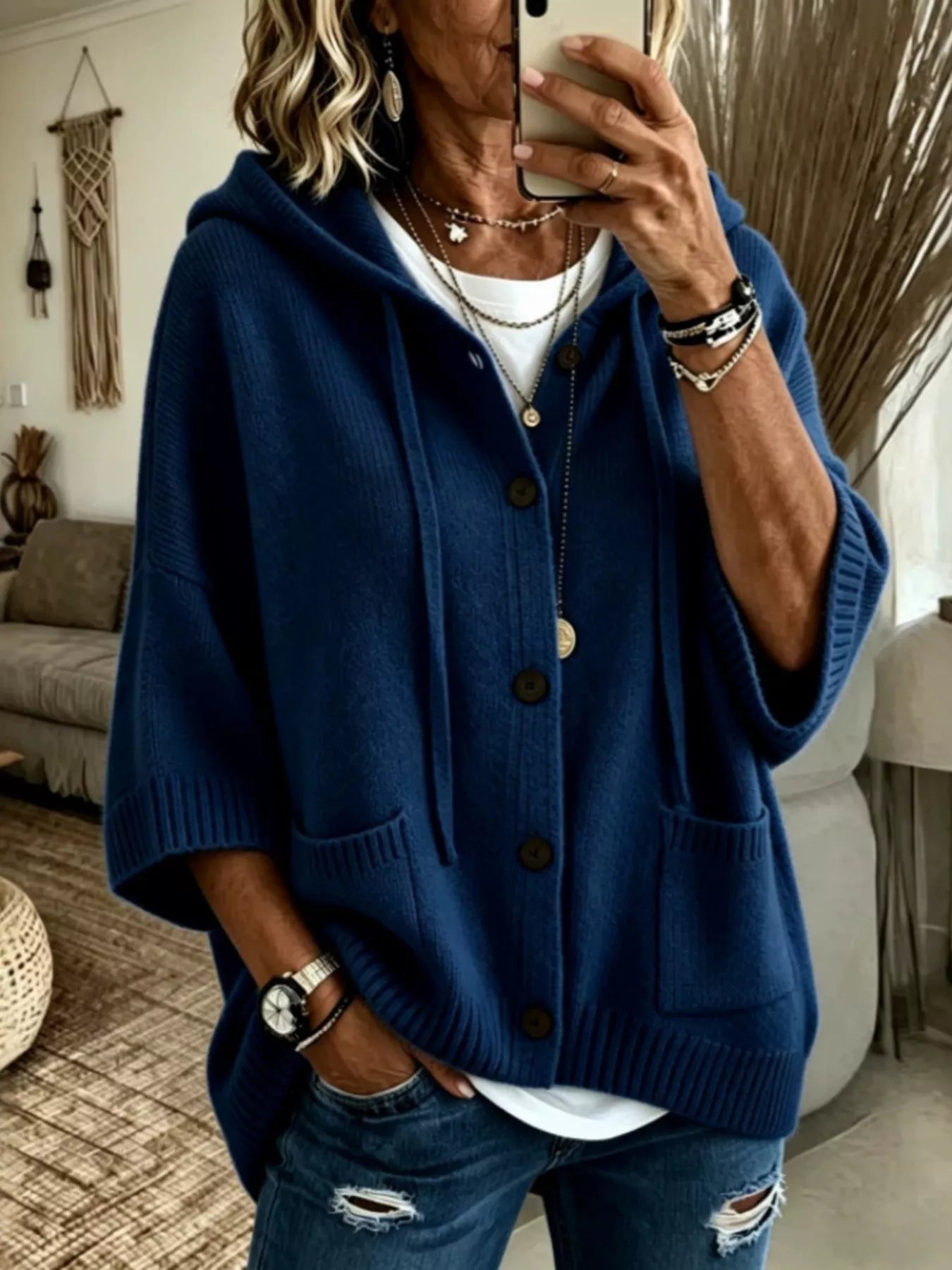 Full Size Casual Hooded Button-Down Knit Cardigan with Pockets Plus Size