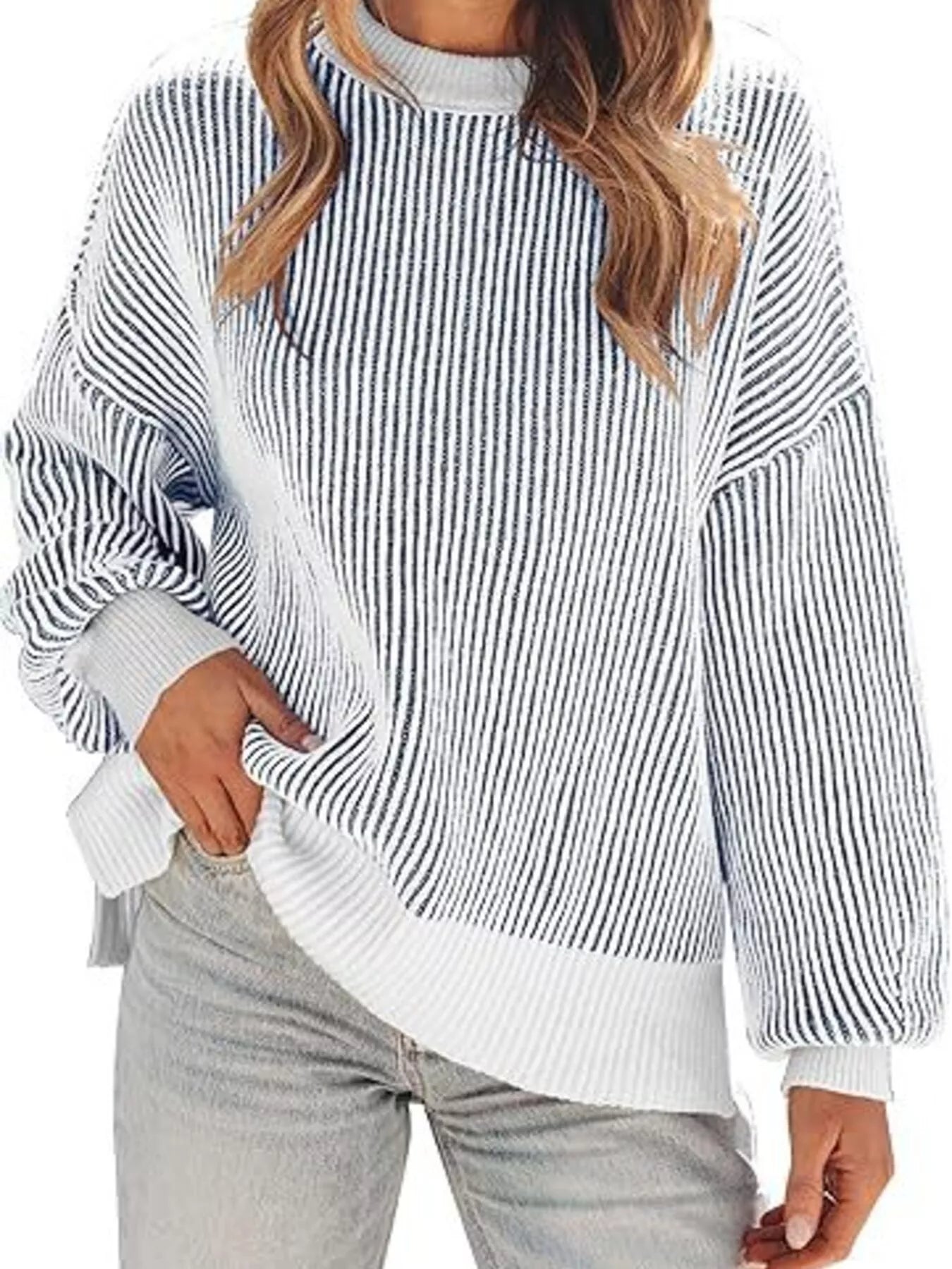 Stripe Dropped Shoulder Sweater for Women Relaxed Chic Knit
