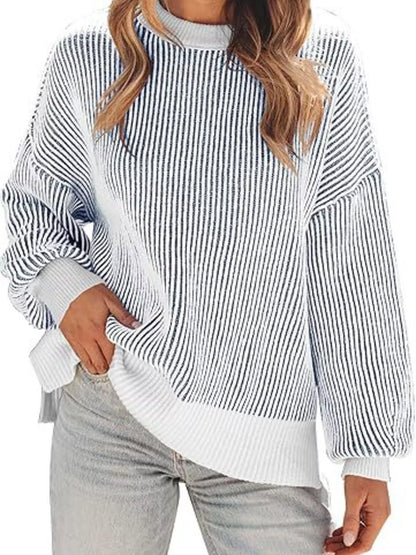 Stripe Dropped Shoulder Sweater for Women Relaxed Chic Knit