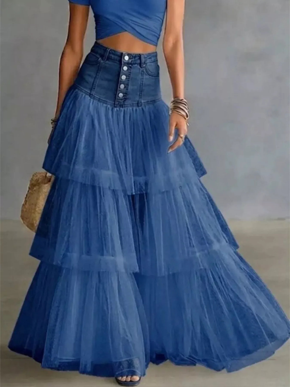 High-Waisted Button-Front Denim and Tulle Maxi Skirt