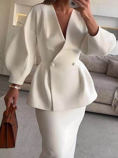 Double-Breasted Peplum Blazer and Skirt Set