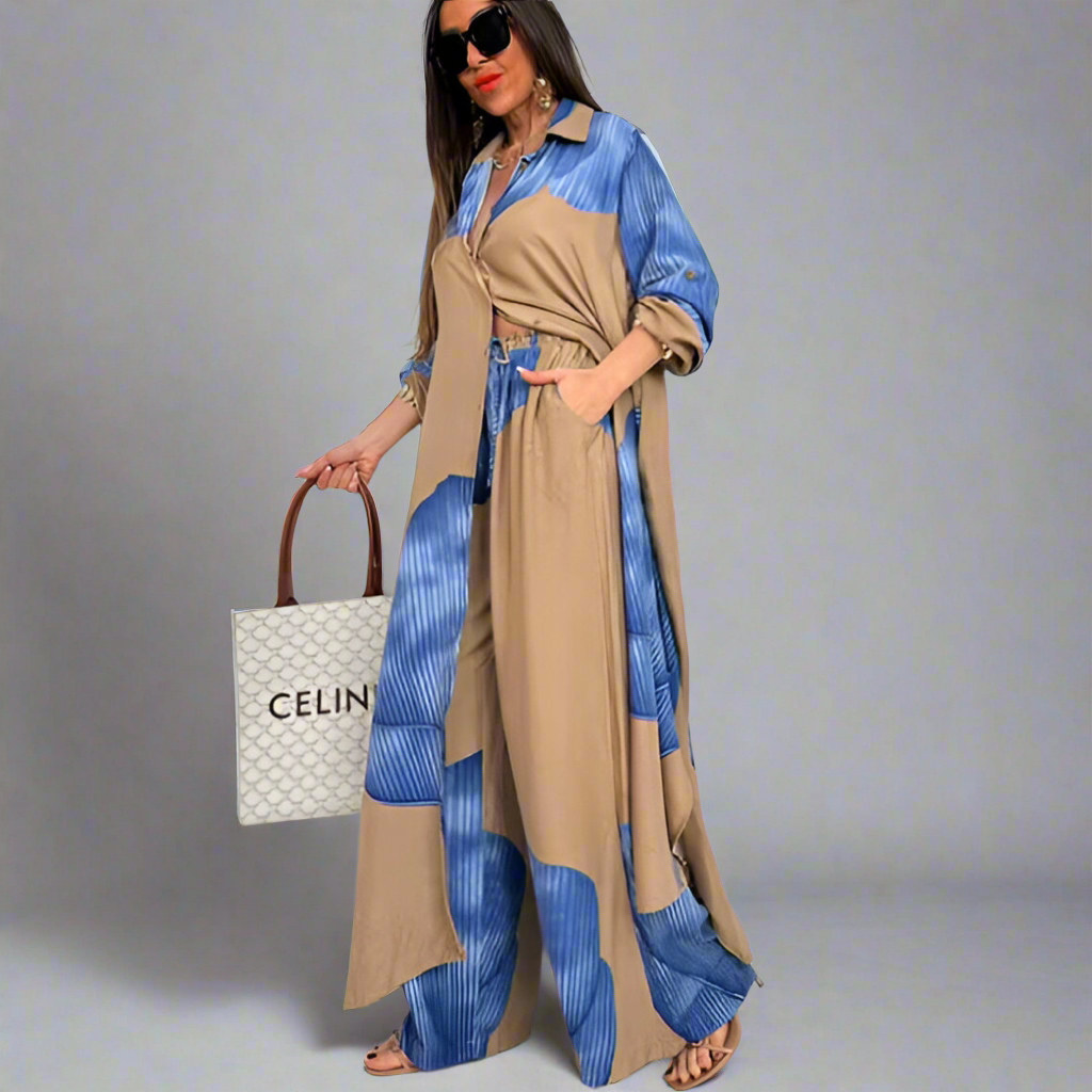 Ensemble deux pièces haut mi-long imprimé et pantalon large