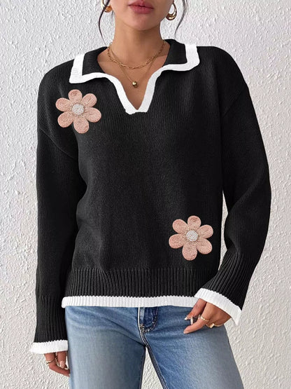 Flower Contrast Trim Dropped Shoulder Sweater