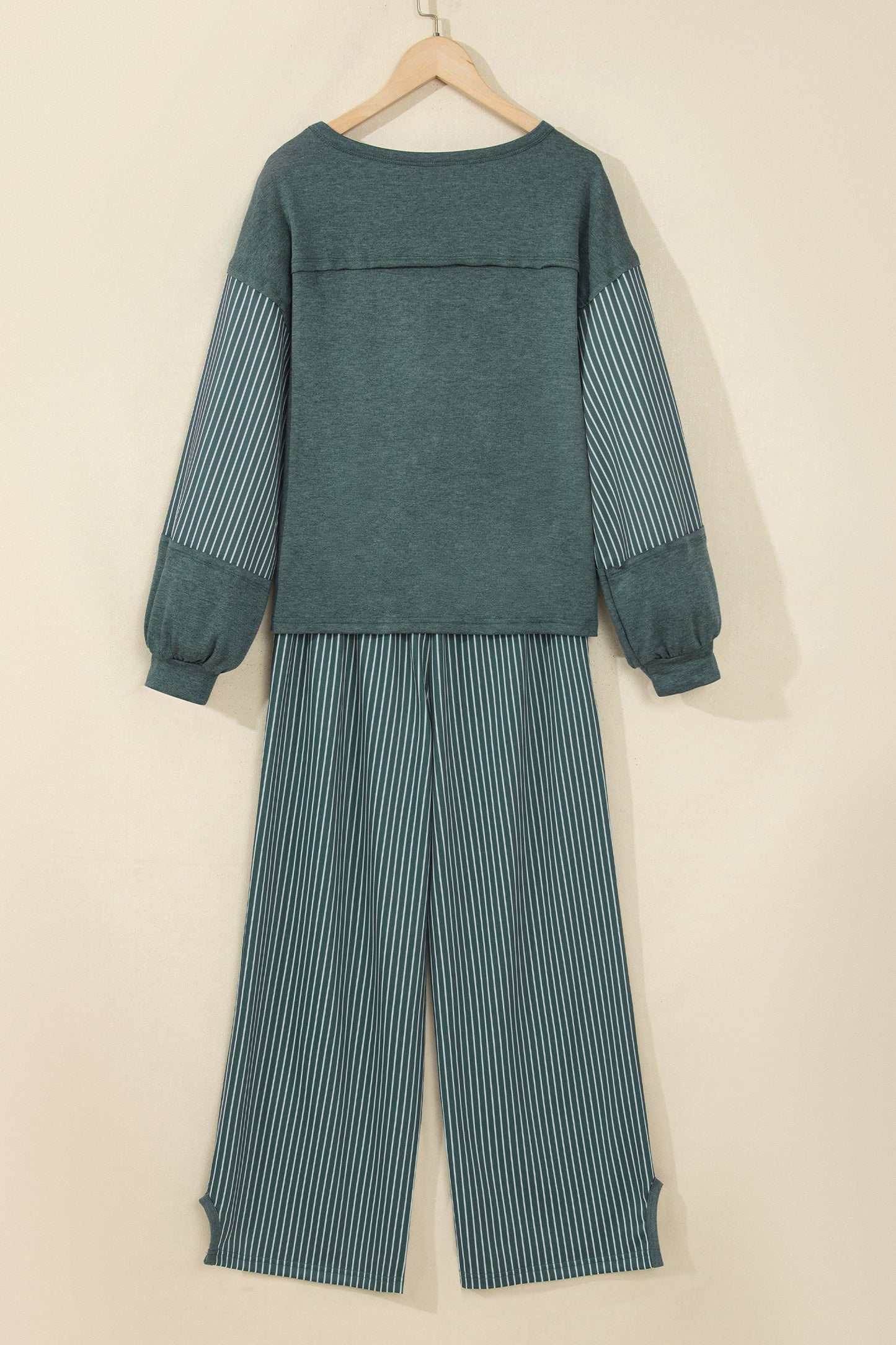 Fushia Raw Seam Patchwork Long Sleeve Top Pocket Casual Pants 2pcs Set