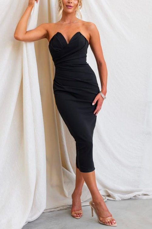 8 Colors  Strapless Tube Top Ruched Back Slit Midi Party Dress Black