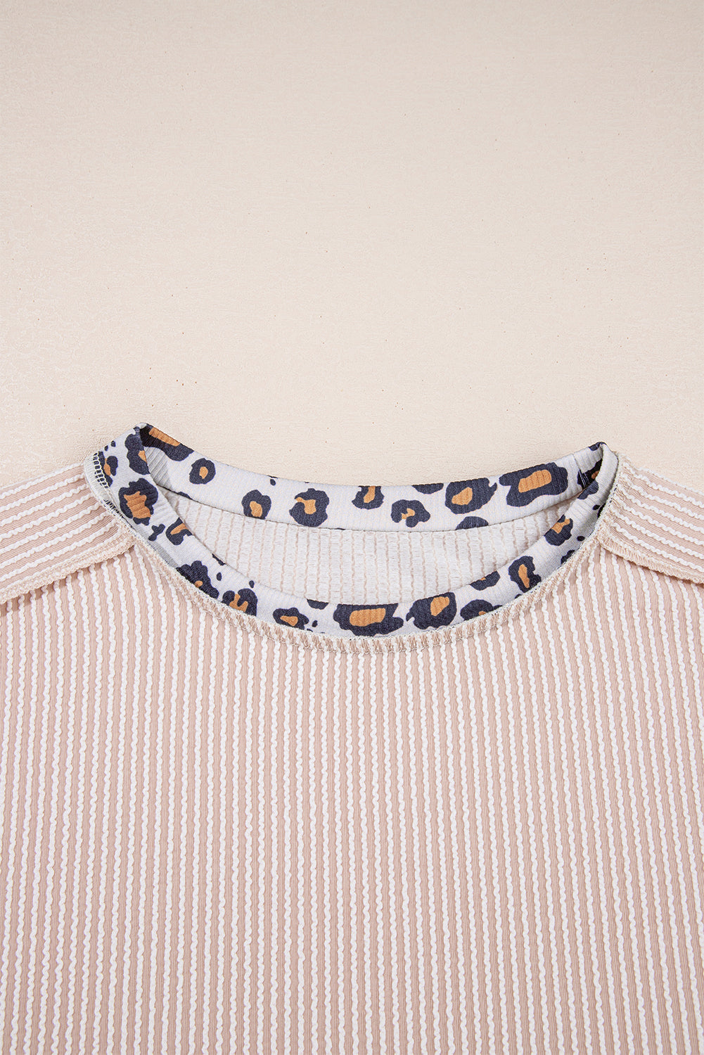 Jet Stream Leopard Patchwork Corded Knit Crew Neck T Shirt