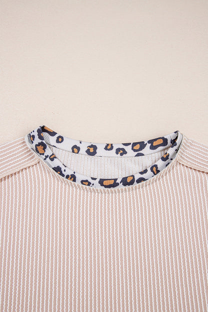 Jet Stream Leopard Patchwork Corded Knit Crew Neck T Shirt